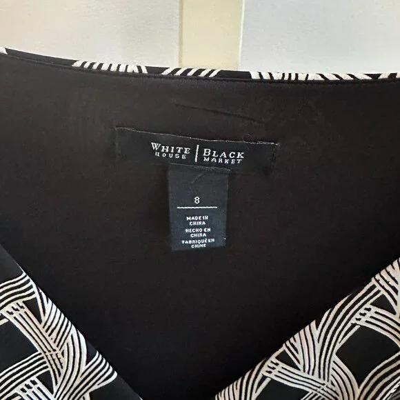 White House Black Market Faux Wrap Black Cream Geometric Print Dress Sz 8 - Picture 2 of 8